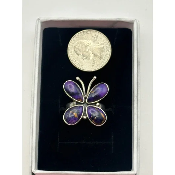 Purple Dahlia Kingman Turquoise Butterfly Sterling Silver Handmade Ring‎ Size 9